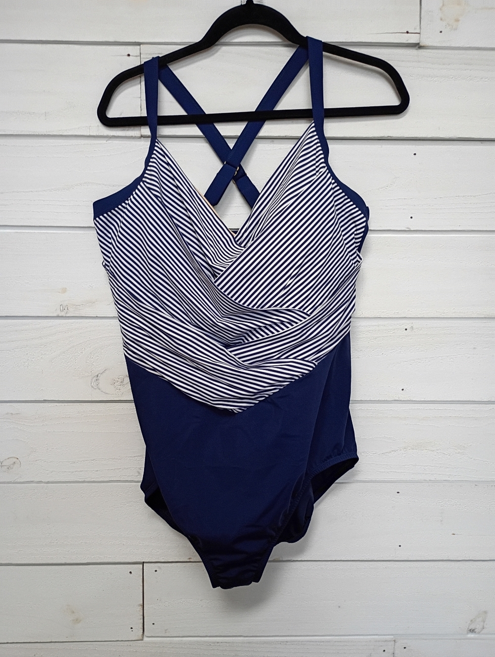 Lands End Navy & White Striped Draped One-Piece Swimsuit